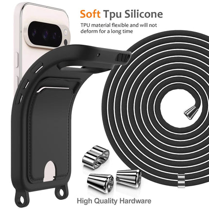 For Google Pixel 9 Pro XL Case Liquid Silicone Card Holder Phone Back Cover with Lanyard