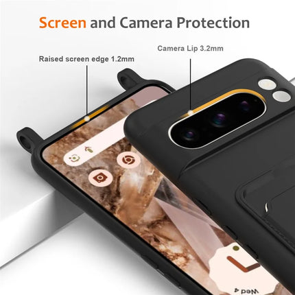 For Google Pixel 8 Pro Case Liquid Silicone Card Holder Phone Back Cover with Lanyard