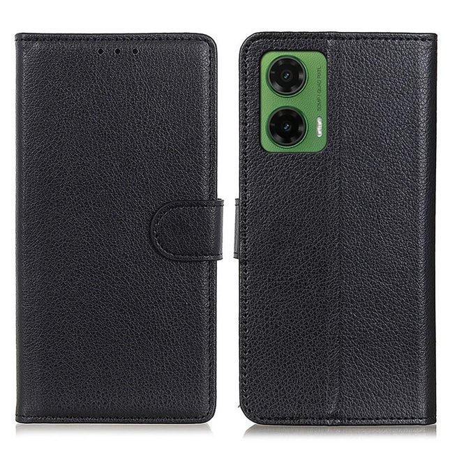 For Motorola Moto G35 5G Wallet Case PU Leather Phone Cover Litchi Texture - Black