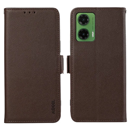 ABEEL For Motorola Moto G35 5G Case Litchi Texture Leather RFID Blocking Phone Cover - Brown