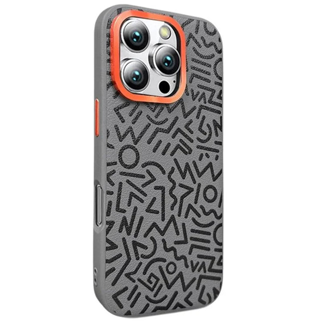 For iPhone 16 Pro Max Case Pattern Graffiti PU+PC+TPU Phone Cover with Metal Lens Frame - Grey