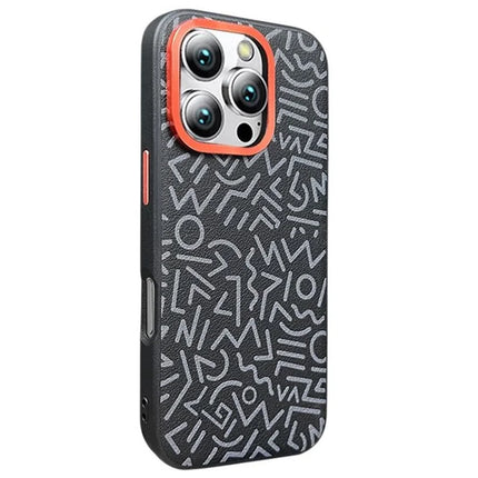 For iPhone 16 Pro Max Case Pattern Graffiti PU+PC+TPU Phone Cover with Metal Lens Frame - Black