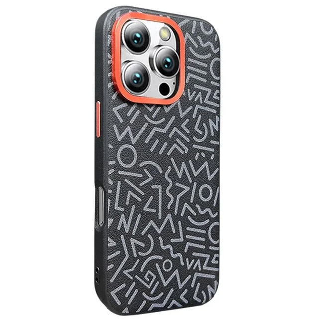 For iPhone 16 Pro Max Case Pattern Graffiti PU+PC+TPU Phone Cover with Metal Lens Frame - Black