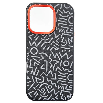 For iPhone 16 Pro Max Case Pattern Graffiti PU+PC+TPU Phone Cover with Metal Lens Frame