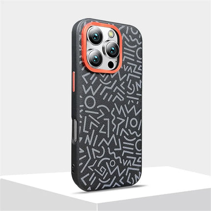 For iPhone 16 Pro Max Case Pattern Graffiti PU+PC+TPU Phone Cover with Metal Lens Frame