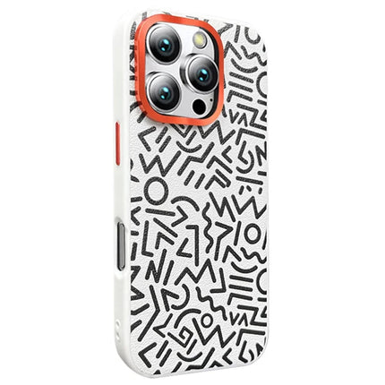 For iPhone 16 Pro Max Case Pattern Graffiti PU+PC+TPU Phone Cover with Metal Lens Frame - White
