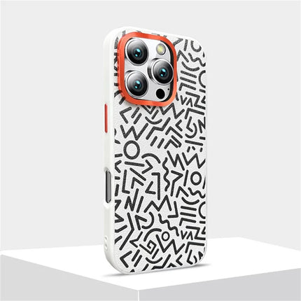For iPhone 16 Pro Max Case Pattern Graffiti PU+PC+TPU Phone Cover with Metal Lens Frame