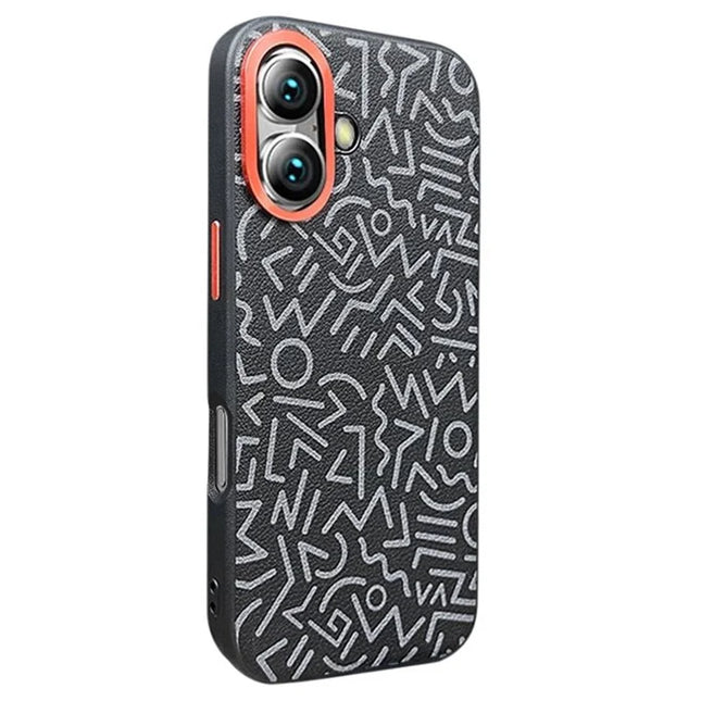 For iPhone 16 Plus Case Pattern Graffiti PU+PC+TPU Phone Cover with Metal Lens Frame - Black