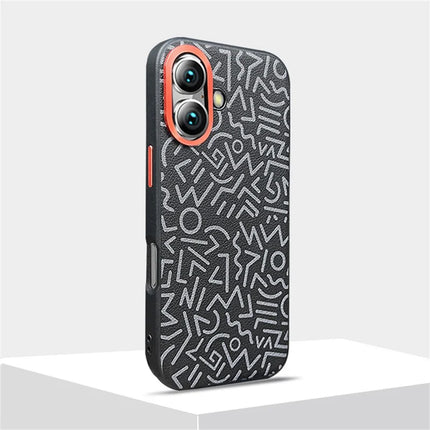 For iPhone 16 Plus Case Pattern Graffiti PU+PC+TPU Phone Cover with Metal Lens Frame