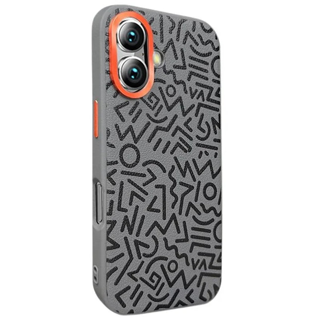 For iPhone 16 Plus Case Pattern Graffiti PU+PC+TPU Phone Cover with Metal Lens Frame - Grey
