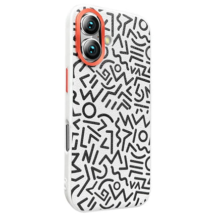 For iPhone 16 Plus Case Pattern Graffiti PU+PC+TPU Phone Cover with Metal Lens Frame - White