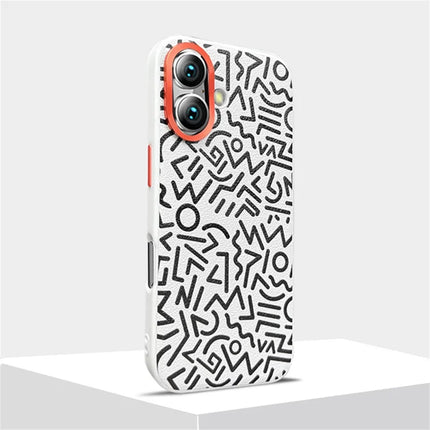For iPhone 16 Plus Case Pattern Graffiti PU+PC+TPU Phone Cover with Metal Lens Frame