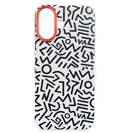 For iPhone 16 Case Pattern Graffiti PU+PC+TPU Phone Cover with Metal Lens Frame