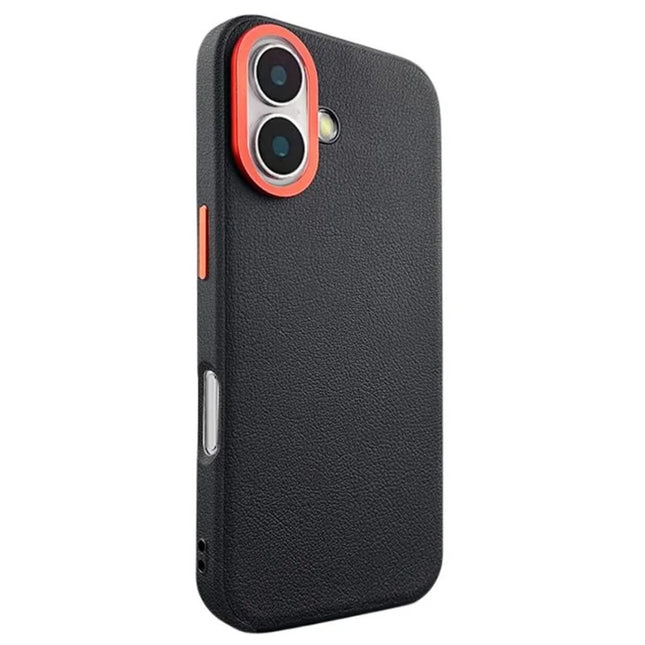 For iPhone 16 Plus Case Compatible with MagSafe PU+PC+TPU Phone Cover with Metal Lens Frame - Black