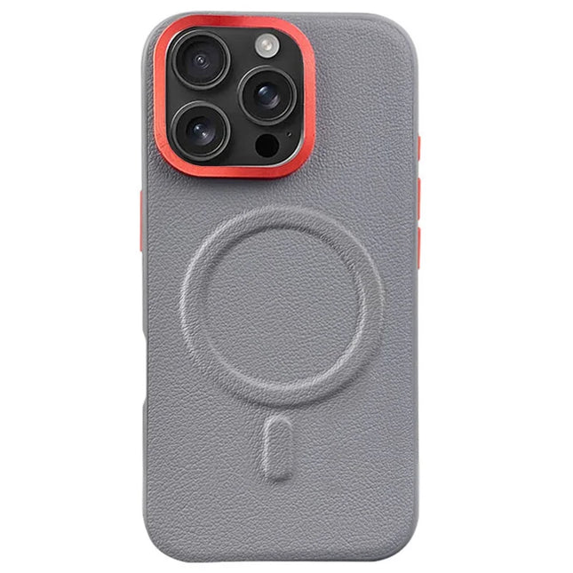For iPhone 16 Pro Max Case Compatible with MagSafe PU+PC+TPU Phone Cover with Metal Lens Frame - Titanium Grey