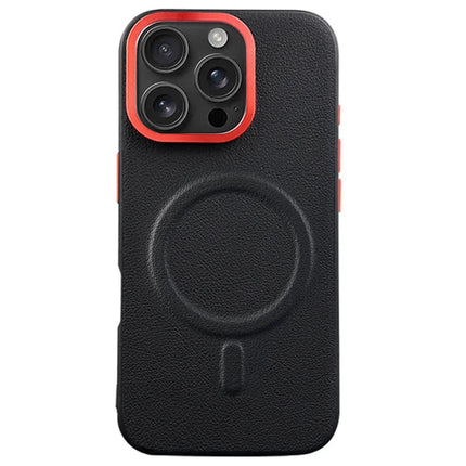 For iPhone 16 Pro Max Case Compatible with MagSafe PU+PC+TPU Phone Cover with Metal Lens Frame - Black