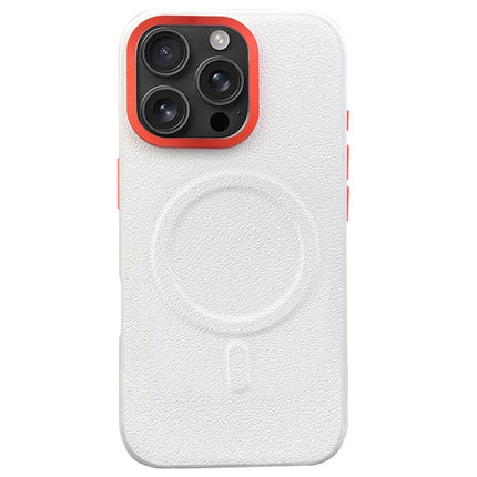 For iPhone 16 Pro Max Case Compatible with MagSafe PU+PC+TPU Phone Cover with Metal Lens Frame - White