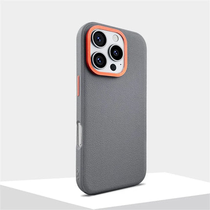 For iPhone 16 Pro Case Compatible with MagSafe PU+PC+TPU Phone Cover with Metal Lens Frame