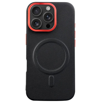 For iPhone 16 Pro Case Compatible with MagSafe PU+PC+TPU Phone Cover with Metal Lens Frame - Black
