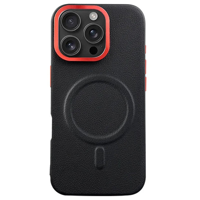 For iPhone 16 Pro Case Compatible with MagSafe PU+PC+TPU Phone Cover with Metal Lens Frame - Black