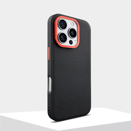 For iPhone 16 Pro Case Compatible with MagSafe PU+PC+TPU Phone Cover with Metal Lens Frame
