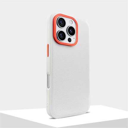 For iPhone 16 Pro Case Compatible with MagSafe PU+PC+TPU Phone Cover with Metal Lens Frame