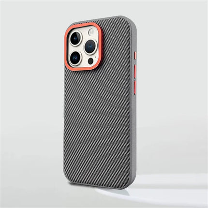 For iPhone 16 Pro Max Case Carbon Fiber Texture PU+PC+TPU Phone Cover with Metal Lens Frame