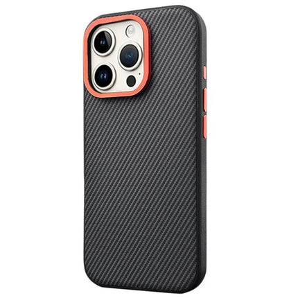 For iPhone 16 Pro Max Case Carbon Fiber Texture PU+PC+TPU Phone Cover with Metal Lens Frame - Black