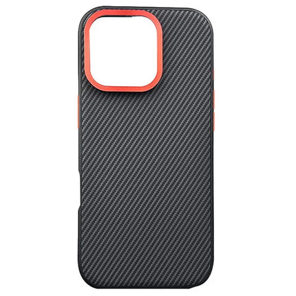 For iPhone 16 Pro Max Case Carbon Fiber Texture PU+PC+TPU Phone Cover with Metal Lens Frame