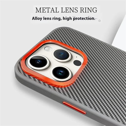 For iPhone 16 Pro Max Case Carbon Fiber Texture PU+PC+TPU Phone Cover with Metal Lens Frame