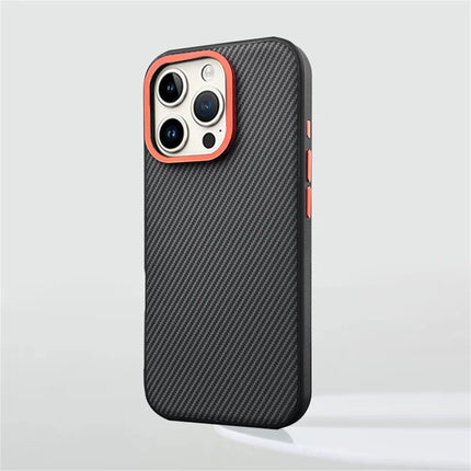 For iPhone 16 Pro Max Case Carbon Fiber Texture PU+PC+TPU Phone Cover with Metal Lens Frame