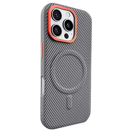 For iPhone 16 Pro Max Case Compatible with MagSafe Carbon Fiber Texture PU+PC+TPU Phone Cover with Metal Lens Frame - Grey