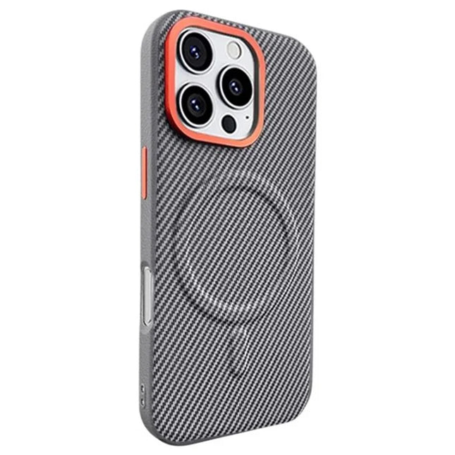 For iPhone 16 Pro Max Case Compatible with MagSafe Carbon Fiber Texture PU+PC+TPU Phone Cover with Metal Lens Frame - Grey