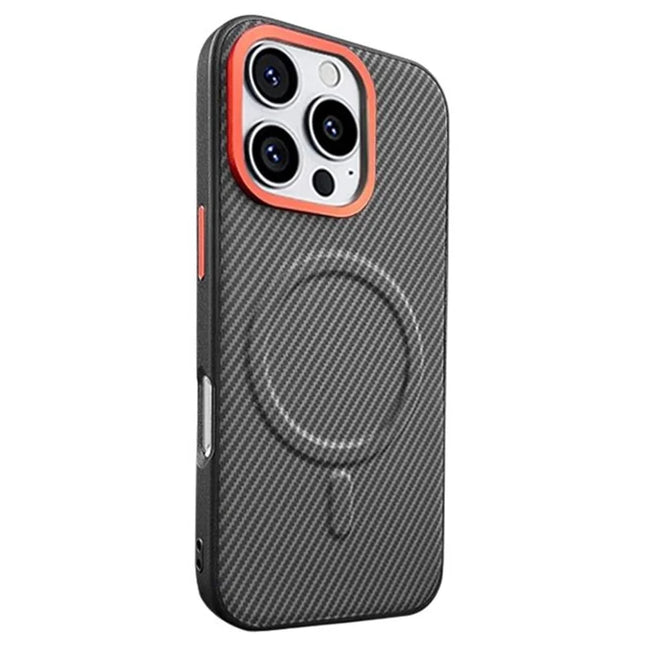 For iPhone 16 Pro Max Case Compatible with MagSafe Carbon Fiber Texture PU+PC+TPU Phone Cover with Metal Lens Frame - Black