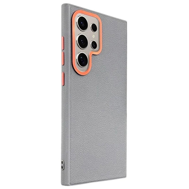 For Samsung Galaxy S23 Ultra Case Compatible with MagSafe PU+PC+TPU Phone Cover with Metal Lens Frame - Titanium Grey