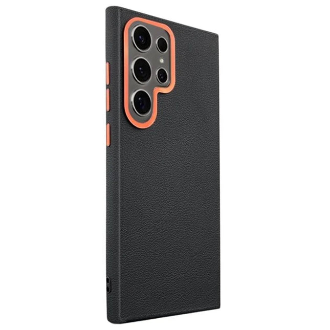 For Samsung Galaxy S23 Ultra Case Compatible with MagSafe PU+PC+TPU Phone Cover with Metal Lens Frame - Black