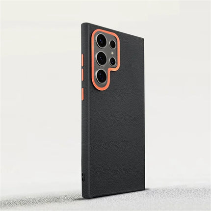 For Samsung Galaxy S23 Ultra Case Compatible with MagSafe PU+PC+TPU Phone Cover with Metal Lens Frame
