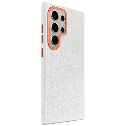 For Samsung Galaxy S23 Ultra Case Compatible with MagSafe PU+PC+TPU Phone Cover with Metal Lens Frame - White
