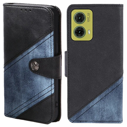 For Motorola Moto G35 5G Case Splicing Texture Leather Phone Cover Viewing Stand - Black