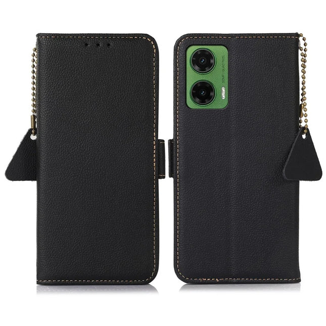 TJ For Motorola Moto G35 5G Case RFID Blocking Genuine Cow Leather Phone Cover - Black