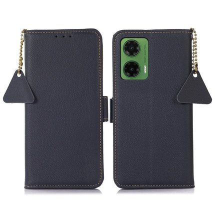 TJ For Motorola Moto G35 5G Case RFID Blocking Genuine Cow Leather Phone Cover - Blue