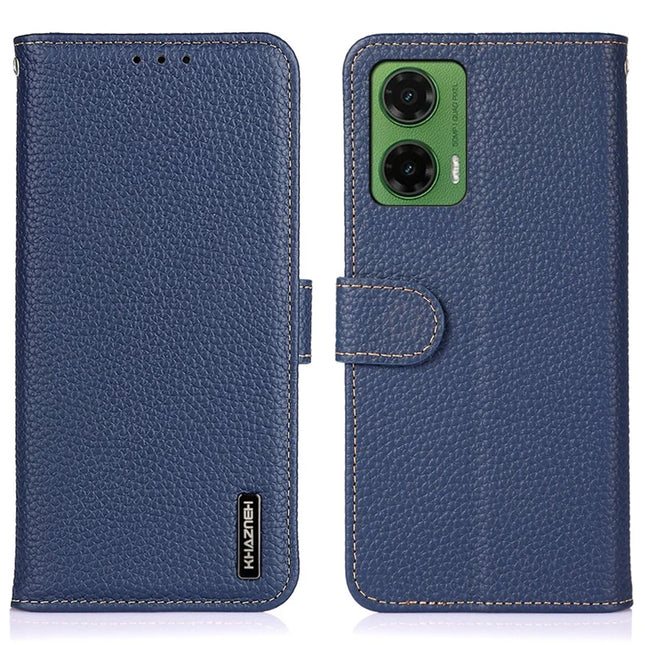 KHAZNEH For Motorola Moto G35 5G Phone Case Genuine Cow Leather Flip Cover - Blue