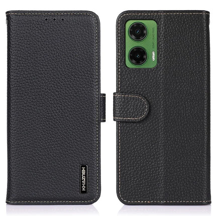 KHAZNEH For Motorola Moto G35 5G Phone Case Genuine Cow Leather Flip Cover - Black