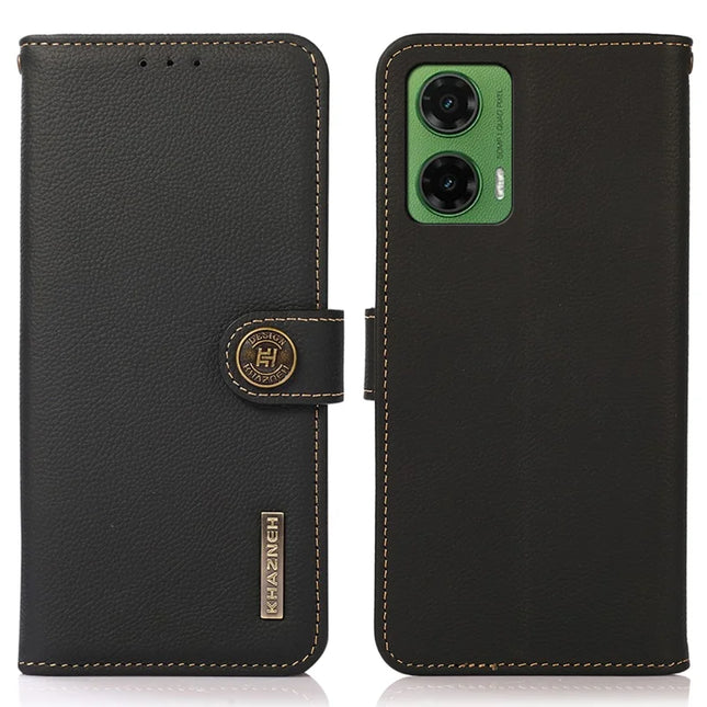 KHAZNEH For Motorola Moto G35 5G Case Genuine Cow Leather Wallet Phone Cover - Black