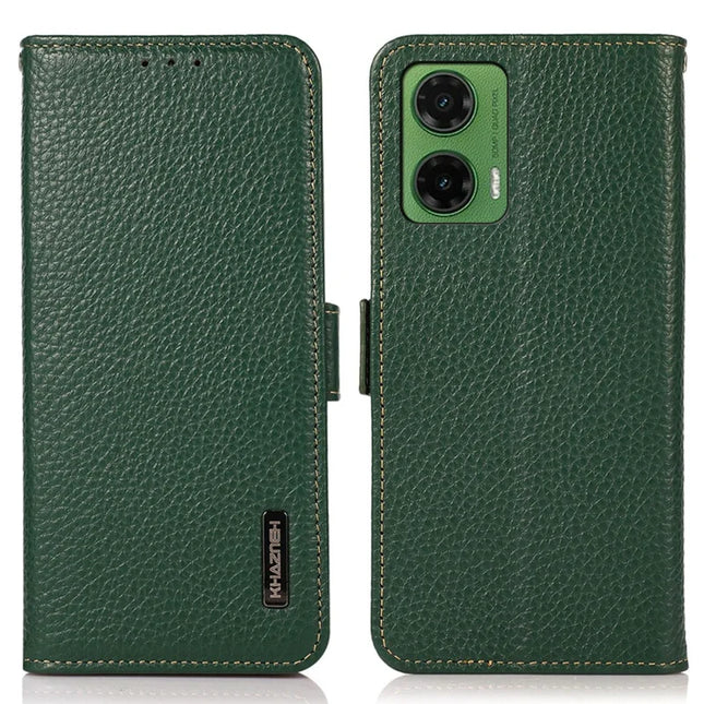 KHAZNEH For Motorola Moto G35 5G Phone Case Genuine Cow Leather Cover RFID Blocking - Green