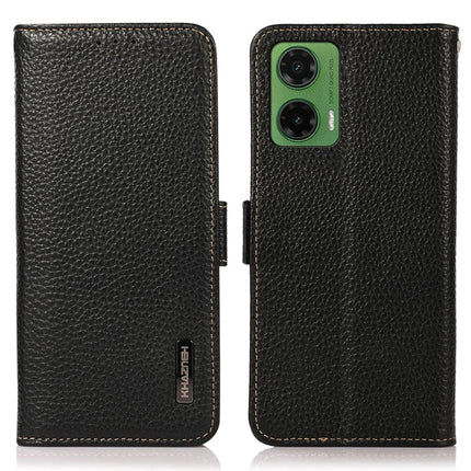 KHAZNEH For Motorola Moto G35 5G Phone Case Genuine Cow Leather Cover RFID Blocking - Black