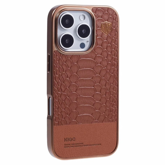 KIGC For iPhone 16 Pro Max Case Compatible with MagSafe Crocodile Texture PU+PC+TPU Electroplating Phone Cover - Titanium Gold