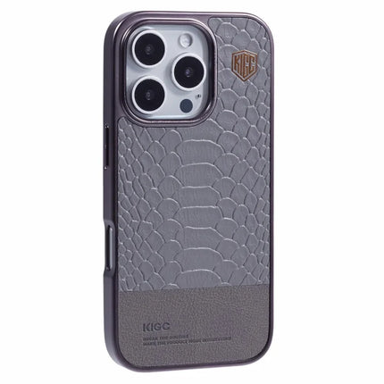 KIGC For iPhone 16 Pro Max Case Compatible with MagSafe Crocodile Texture PU+PC+TPU Electroplating Phone Cover - Grey
