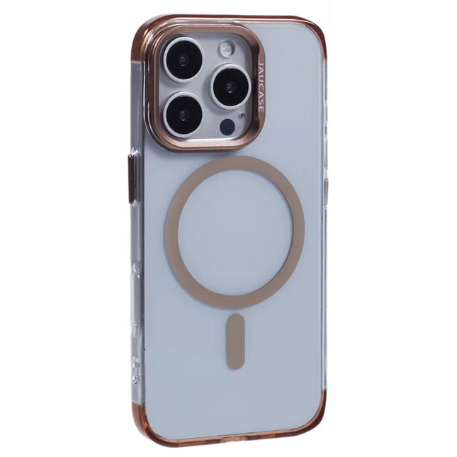 JAUCASE For iPhone 16 Pro Max Clear Case Compatible with MagSafe Lens Frame Kickstand PC+TPU Phone Cover - Gold