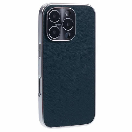 For iPhone 16 Pro Max Cover Cross Texture PU Leather Coated TPU Cell Phone Case - Midnight Green